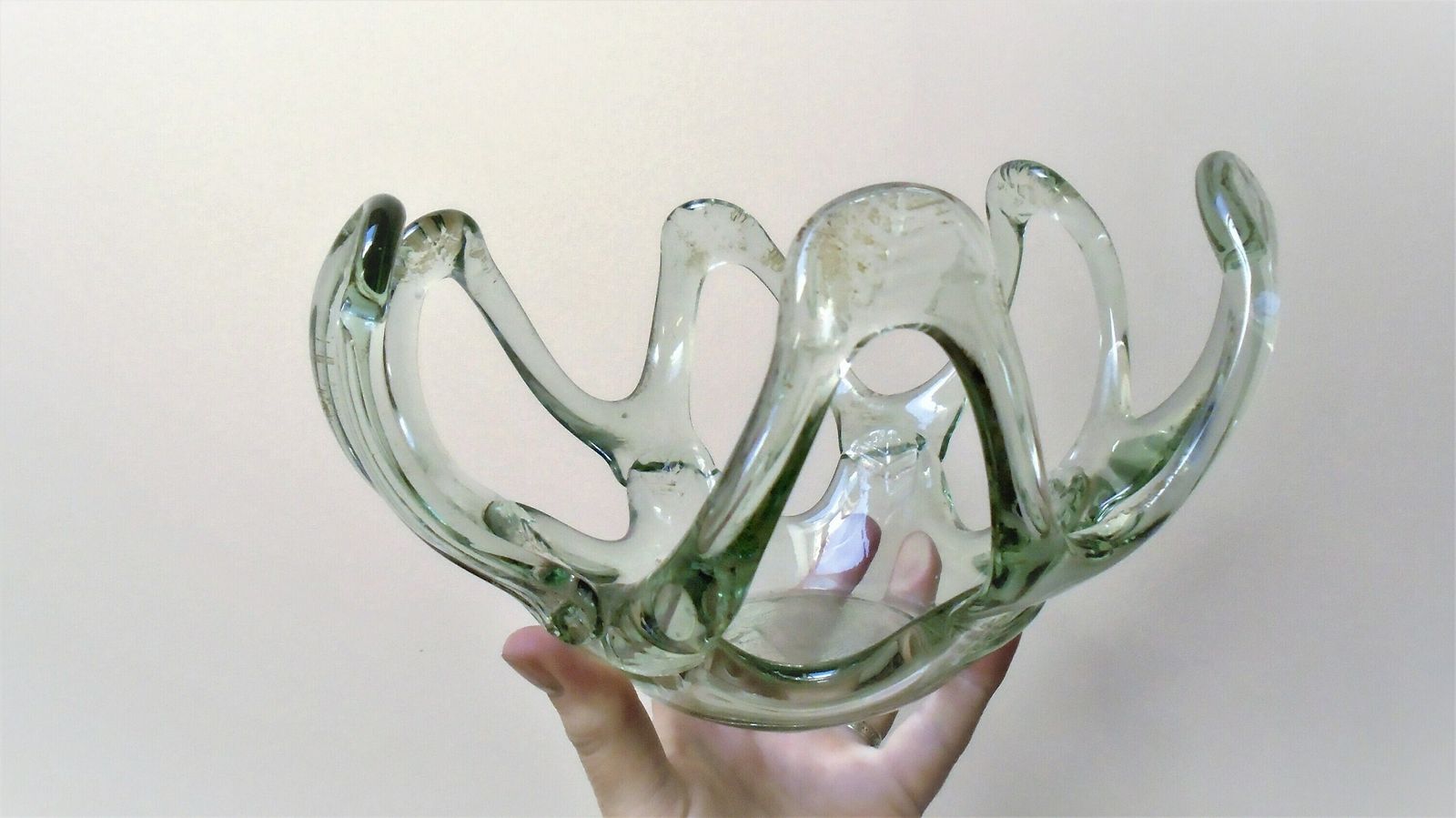 Beautiful Vintage French Transparent Pale Green Tinged Glass Bowl, Art Glass Gift, Fruit Bowl photo for sale