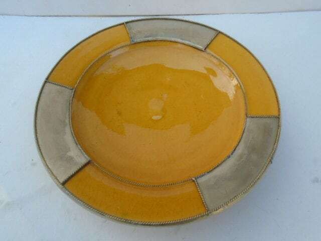 Vintage Mustard Yellow Glazed Bowl With Pewter Inserts And Beading, Yellow Kitchen Styling