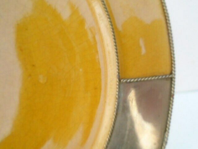Vintage Mustard Yellow Glazed Bowl With Pewter Inserts And Beading, Yellow Kitchen Styling photo for sale