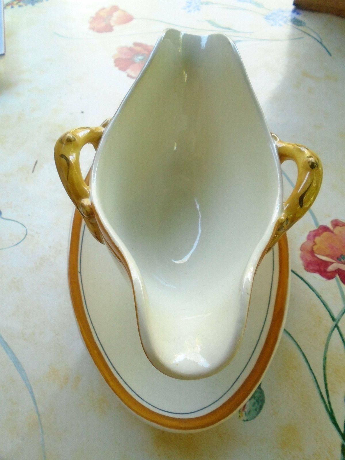 Beautiful Antique French Creil Et Montereau Sauciere / Sauce Boat, White And Gold, All In One, Porcelaine Gravy Jug photo for sale