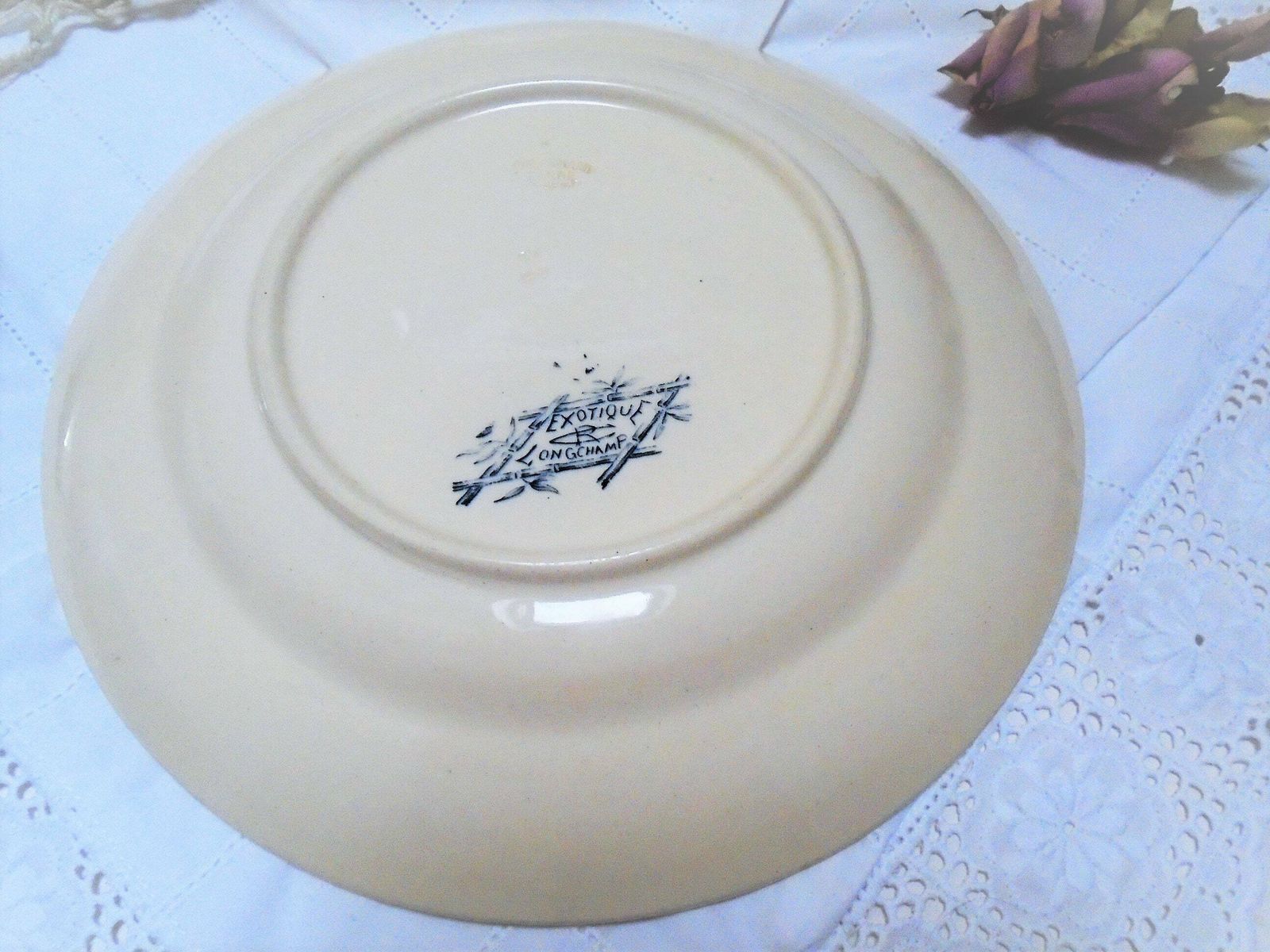 Rare Antique Cream French Ironstone Plate, Longchamp, 'Exotique', Banana Palms With Parrots, Blue Gray Transferware photo buy