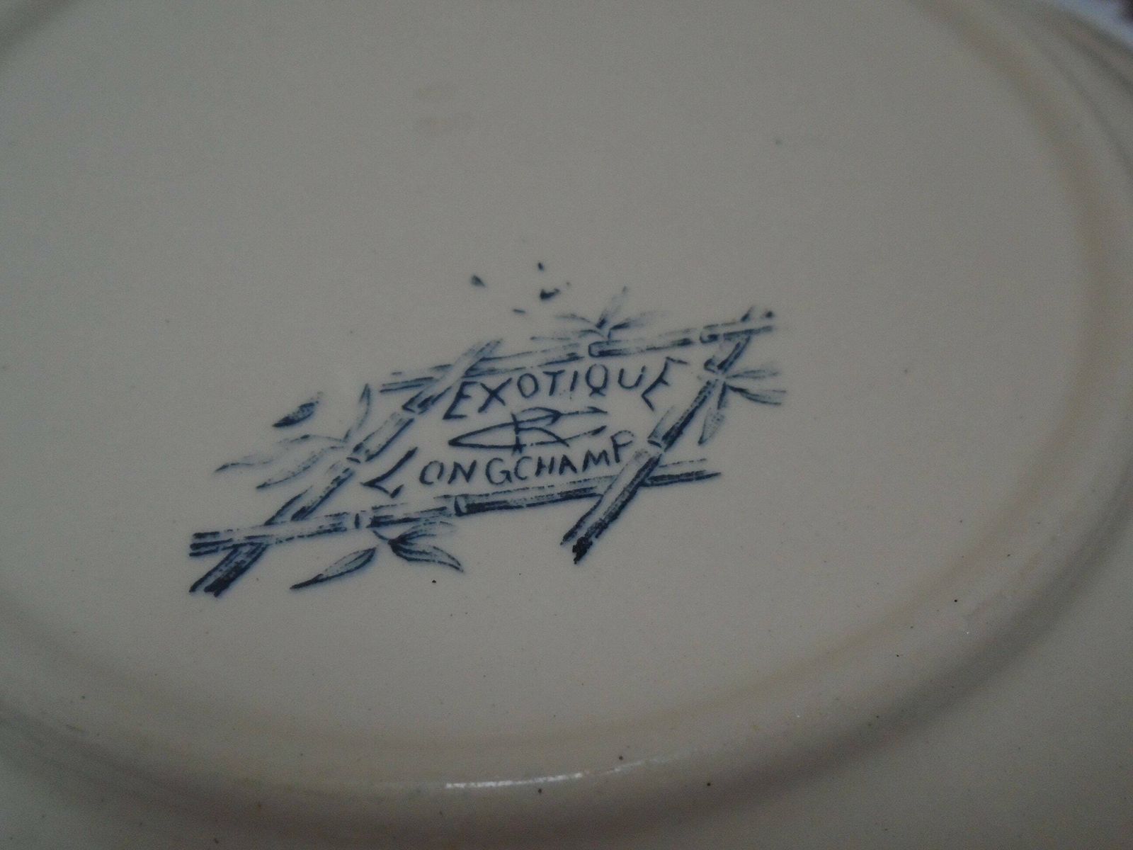 Rare Antique Cream French Ironstone Plate, Longchamp, 'Exotique', Banana Palms With Parrots, Blue Gray Transferware photo vintage