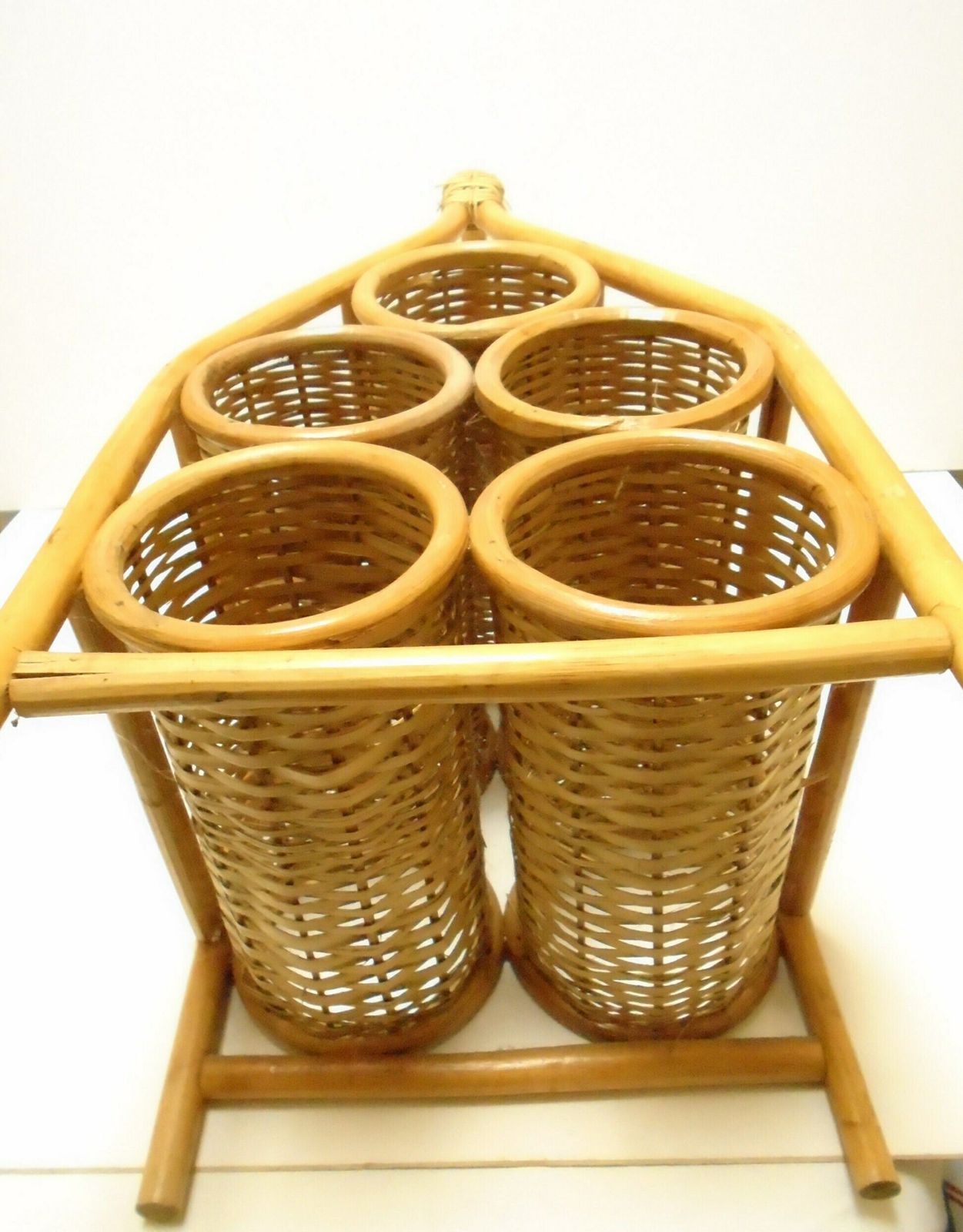 Vintage Bamboo And Wicker 5 Bottle Wine Rack, Portable Retro Bottle Holder, Natural Fiber Bottle Holder photo vinterior