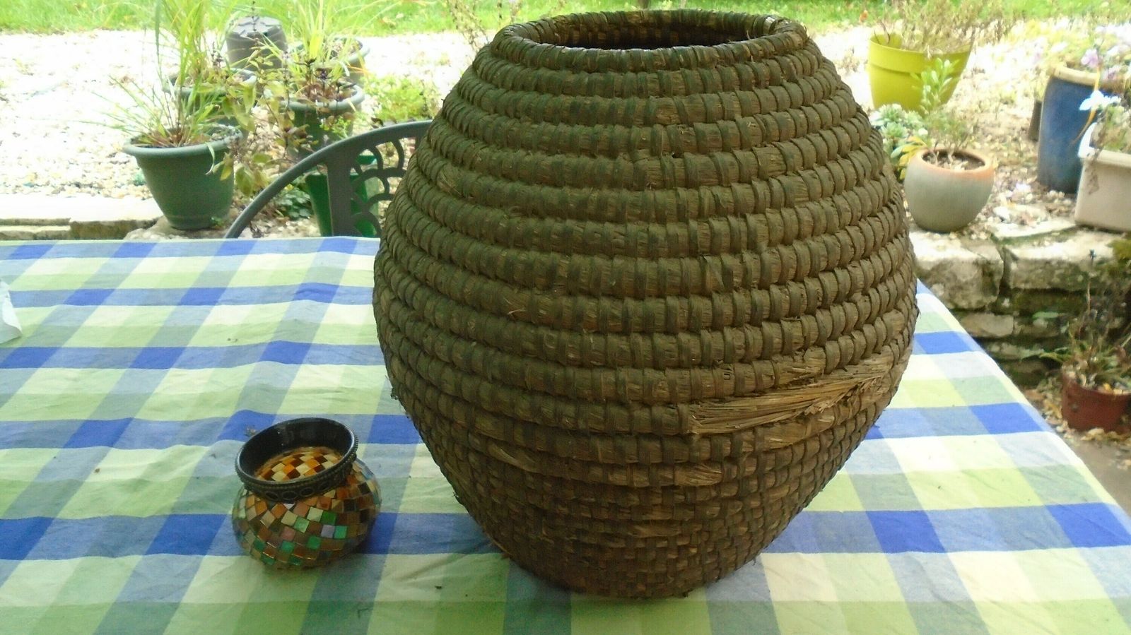 photo for sale Antique French Rye Coiled Basket, Large Bourgne Woven Rye Grass, Wicker Decor