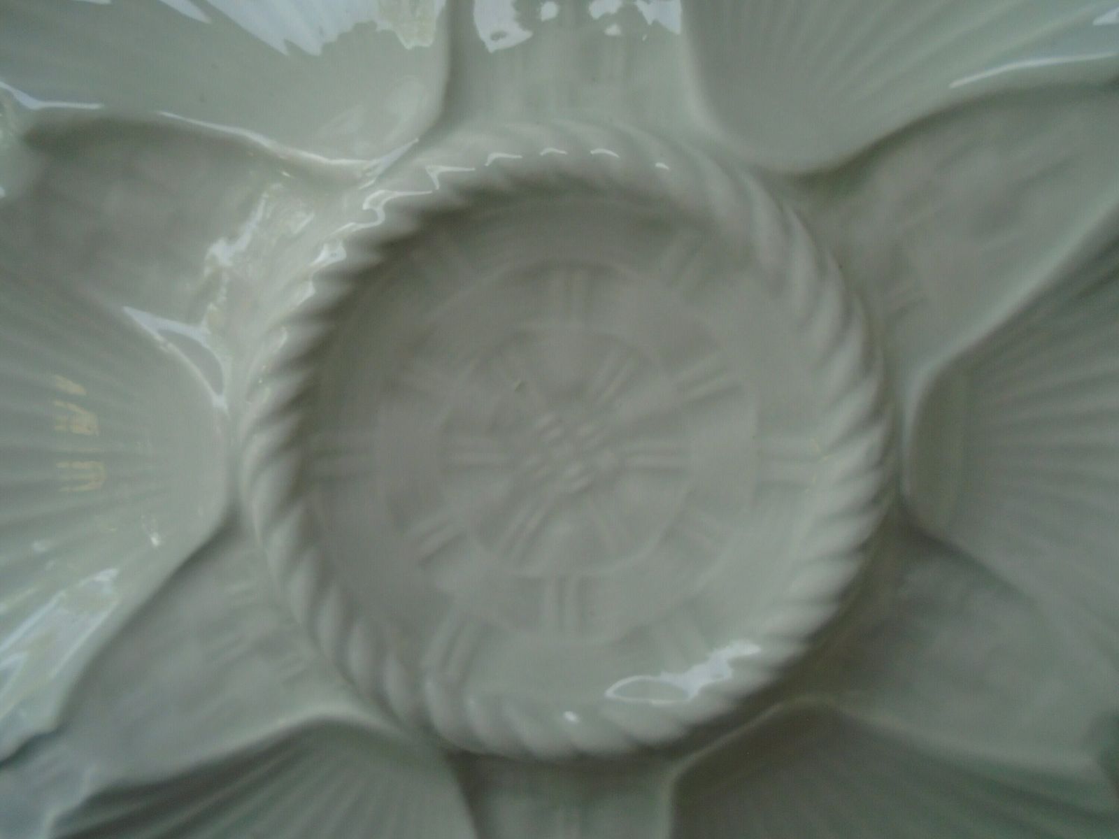 Two Antique French Longchamp Cream Porcelain Oyster Plates, Seafood Plates, Cream Seafood Plates, Sold In Sets Of 2 photo for sale