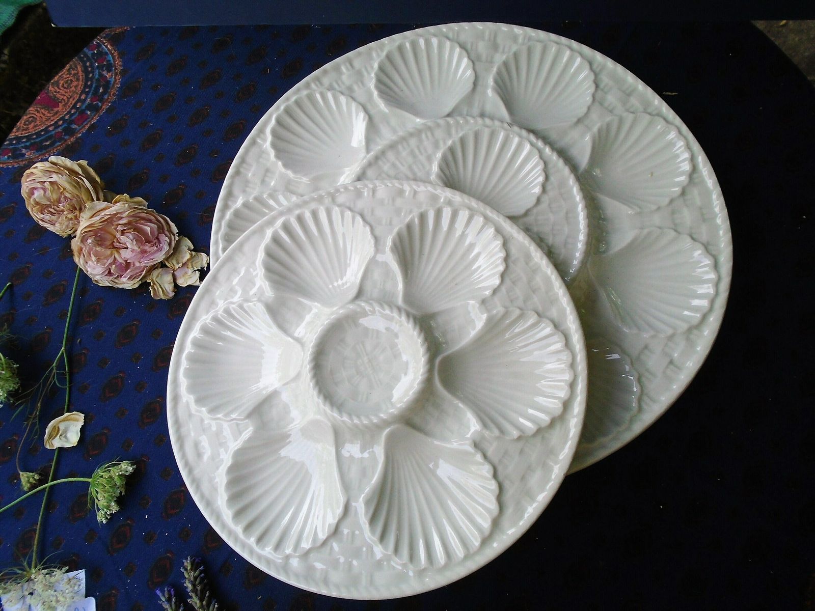 photo furniture Two Antique French Longchamp Cream Porcelain Oyster Plates, Seafood Plates, Cream Seafood Plates, Sold In Sets Of 2