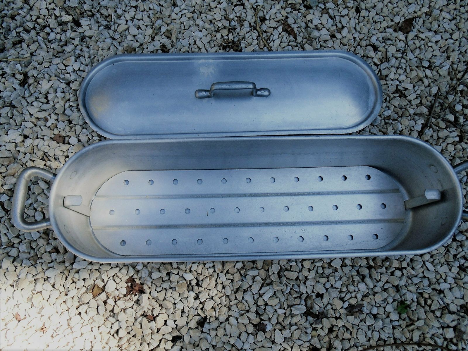 Huge Vintage French Aluminum Fish Kettle, Poissonniere, 24 1/2 Inch (62 Cm), Tournus Unis France Fish Poaching Kettle, Salmon Poacher photo furniture