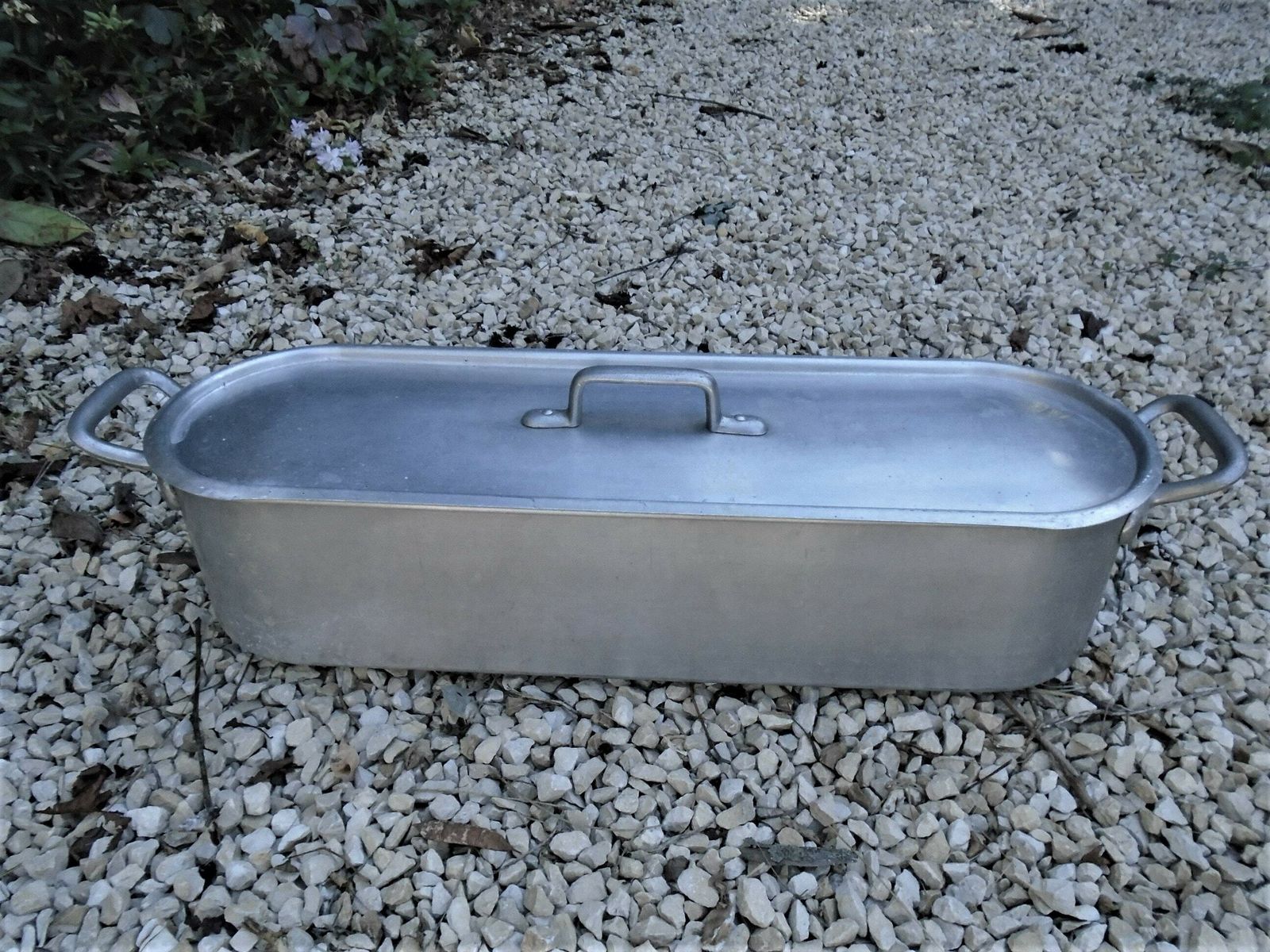 photo for sale Huge Vintage French Aluminum Fish Kettle, Poissonniere, 24 1/2 Inch (62 Cm), Tournus Unis France Fish Poaching Kettle, Salmon Poacher