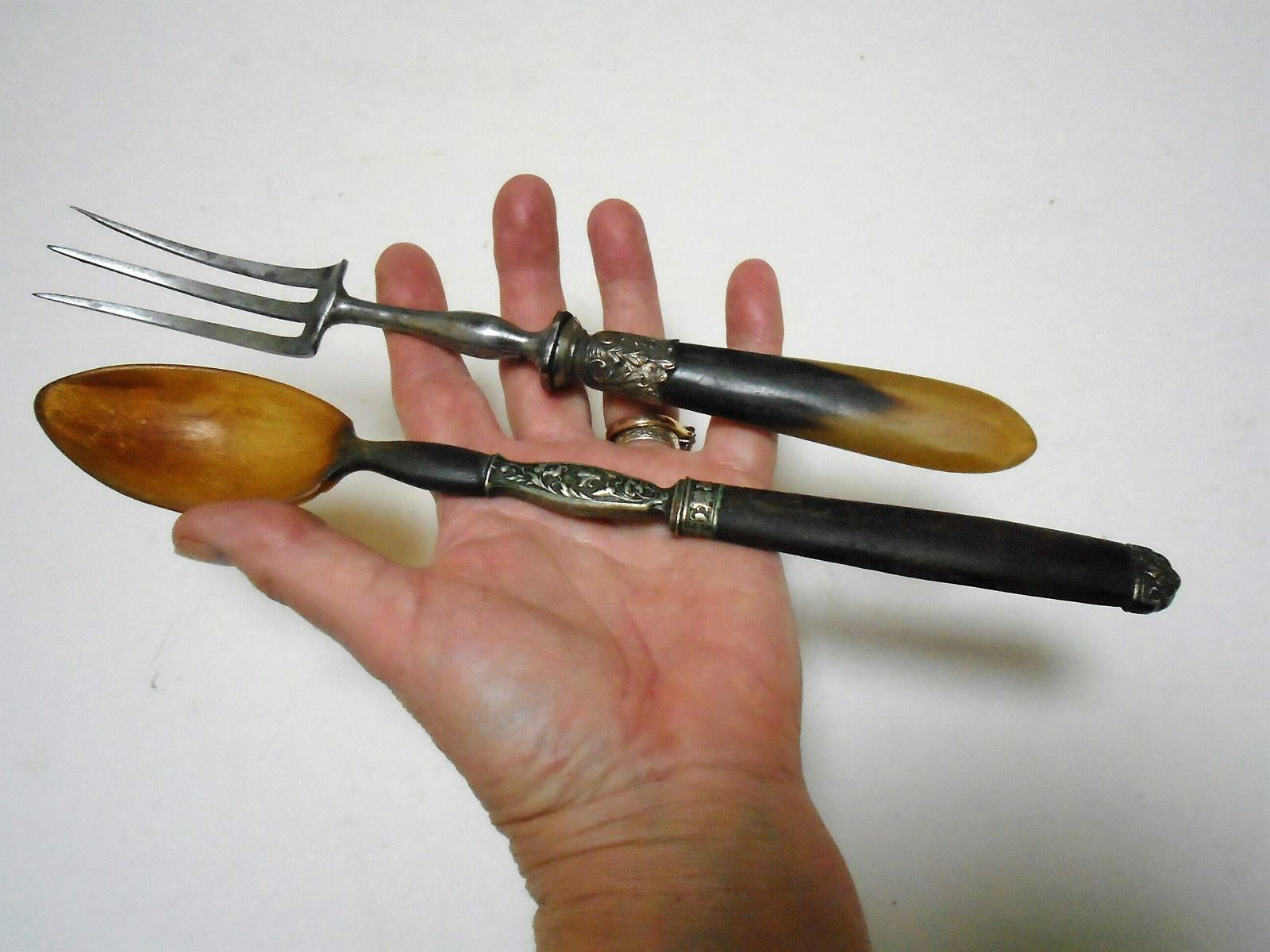 Antique French Serving Spoon And Fork, C.1920s, Salad Servers, Rococo Polished Horn And Silver Plated Metal, Serving Fork And Spoon photo buy