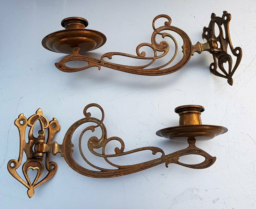 Art Nouveau Brass Wall Candleholders, 1890s, Set Of 2 photo for sale