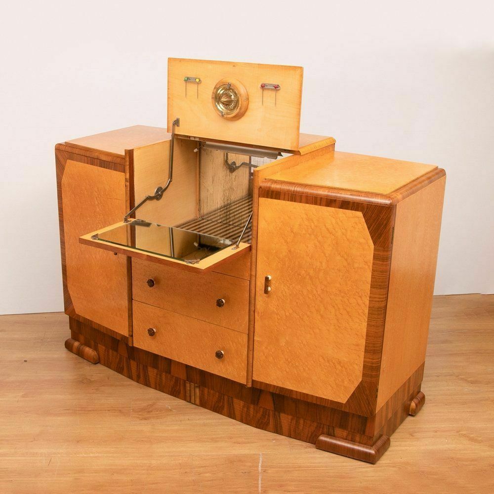 Art Deco Fall Front Cocktail Cabinet In Birdseye Maple By British Emanuel Furniture C.1930 photo for sale