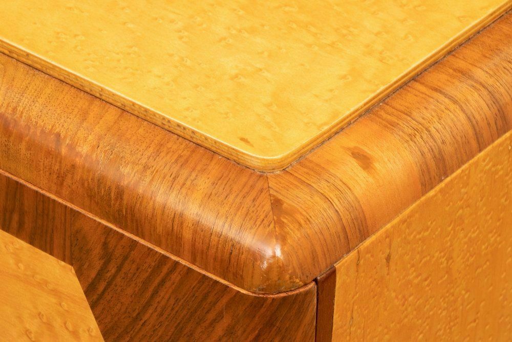photo for sale Art Deco Fall Front Cocktail Cabinet In Birdseye Maple By British Emanuel Furniture C.1930