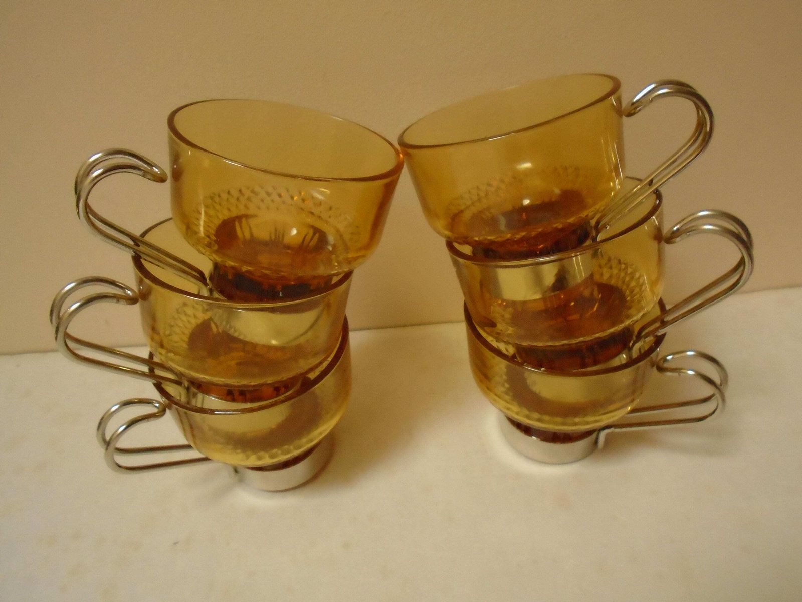 Six Amber Glass Espresso Cups With Metal Handles, Faceted Gold Glass Coffee Cups, Stackable Coffee Cups, Made In Italy