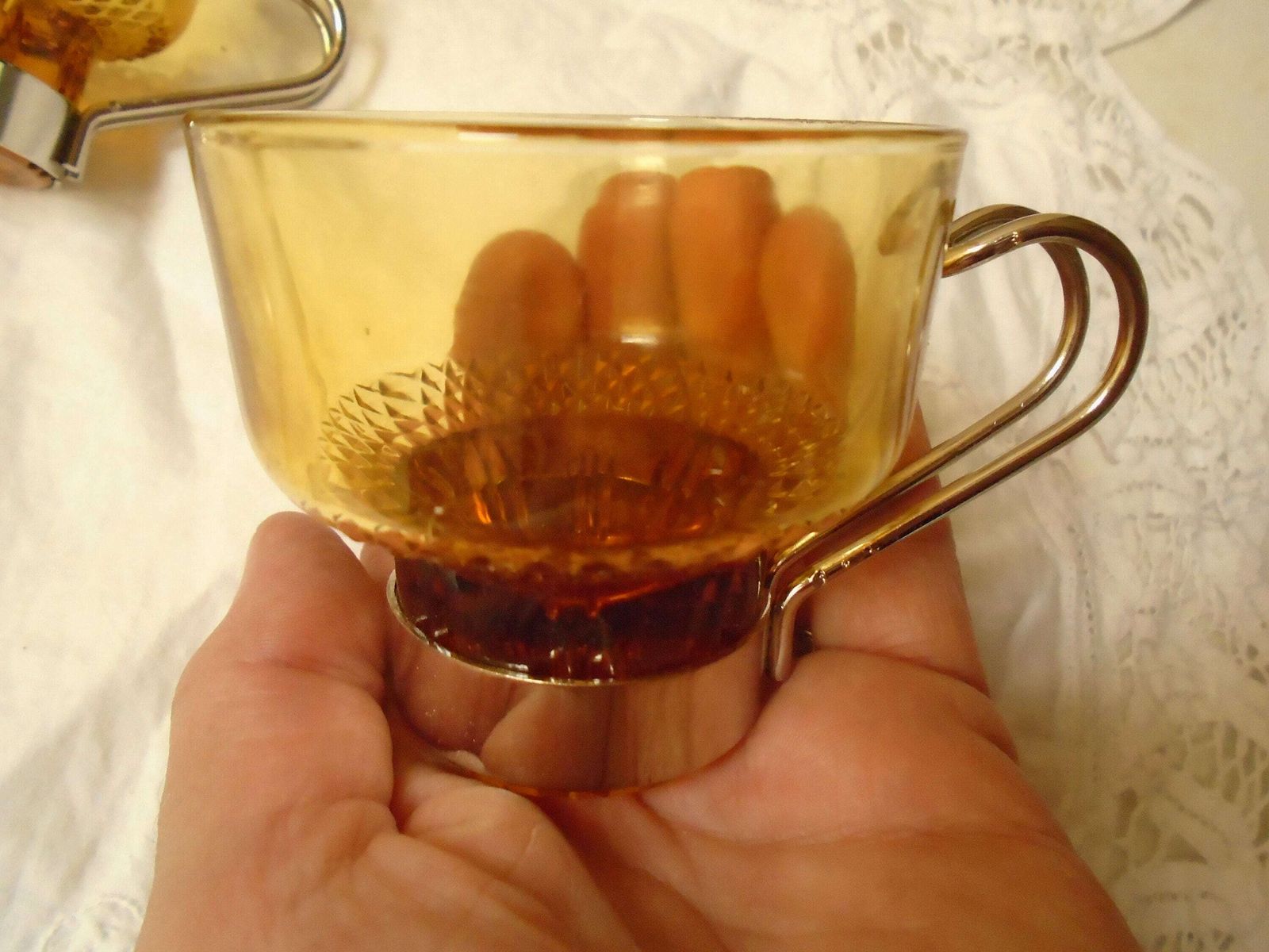 Six Amber Glass Espresso Cups With Metal Handles, Faceted Gold Glass Coffee Cups, Stackable Coffee Cups, Made In Italy photo vinterior