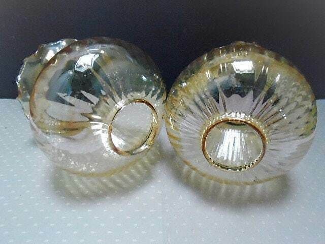 2 Vintage French Pale Gold Ribbed Glass Lamp Shades, Globe Glass Shades With Frilly Top Rim photo furniture