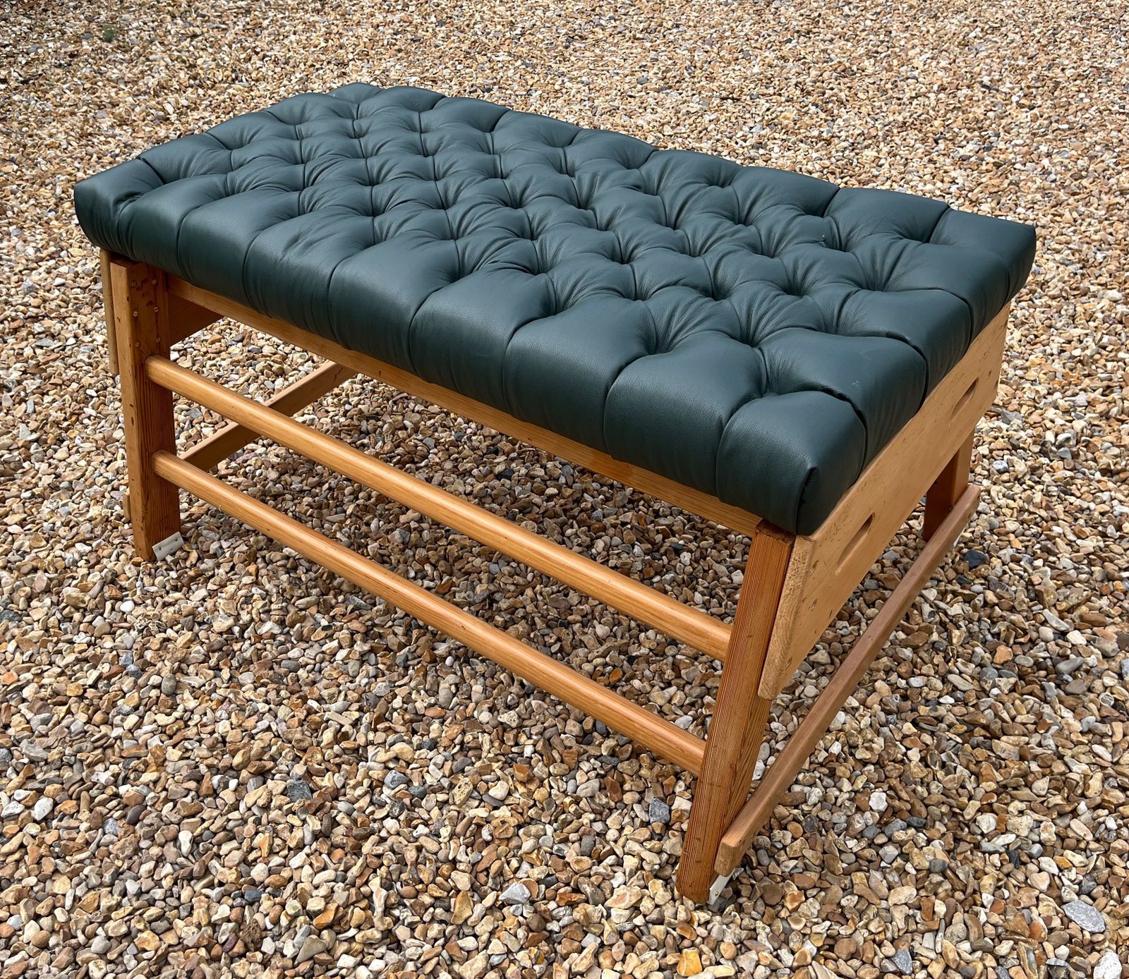 photo buy Vintage School Gym Bench Upholstered Green Leather Chesterfield Style W/Buttons