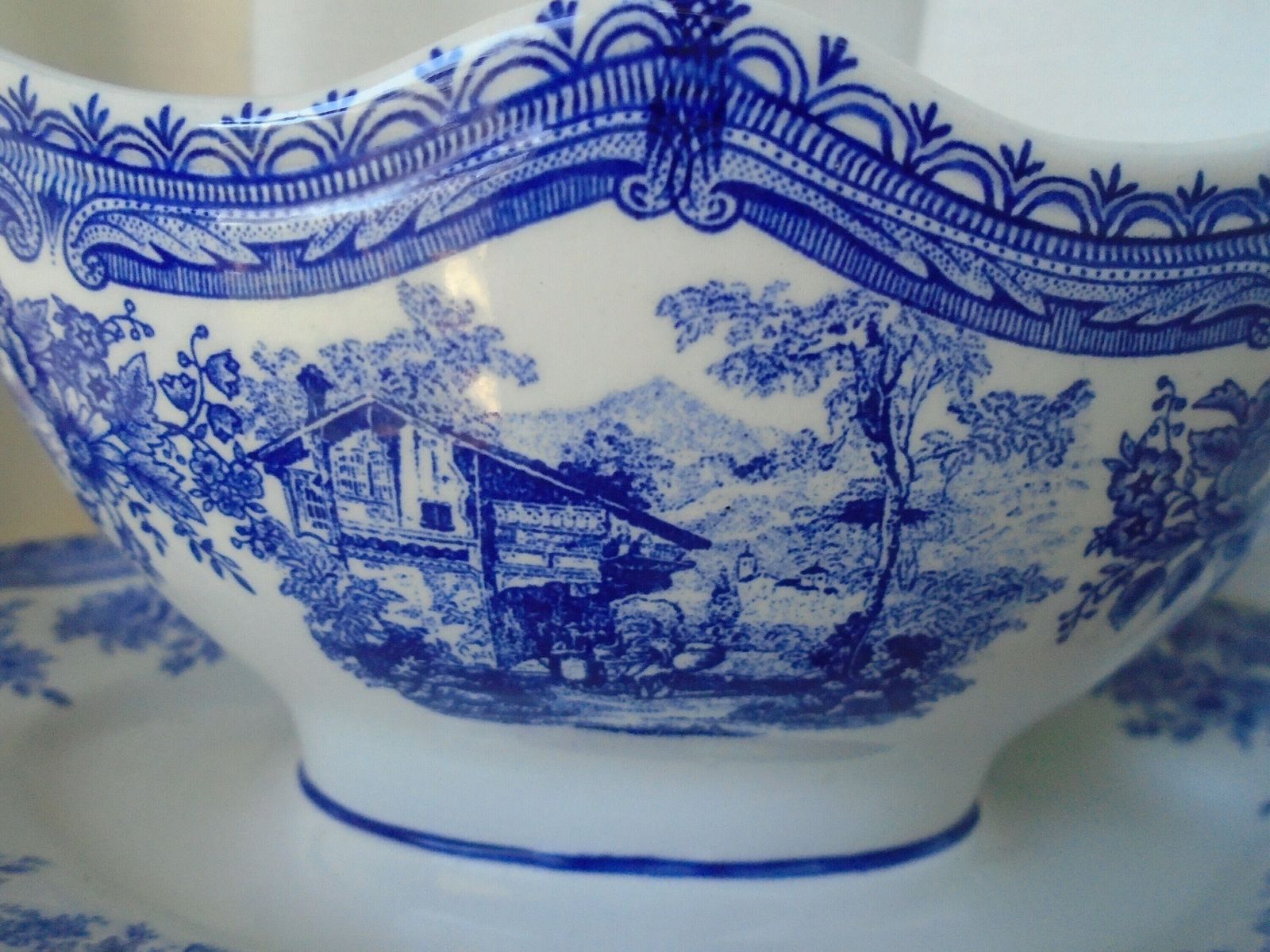 Beautiful Antique French Luneville Special Grand Feu, Sauciere / Sauce Boat, Blue And White, All In One, Porcelaine photo vintage