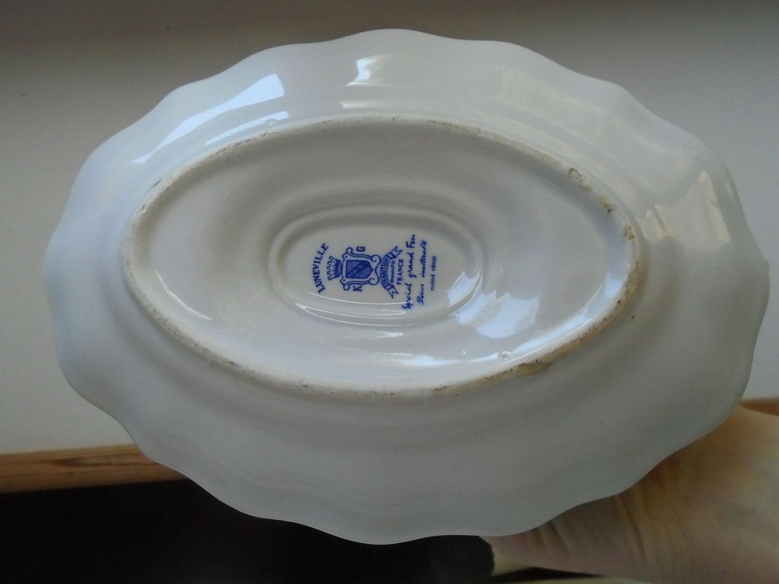 photo for sale Beautiful Antique French Luneville Special Grand Feu, Sauciere / Sauce Boat, Blue And White, All In One, Porcelaine