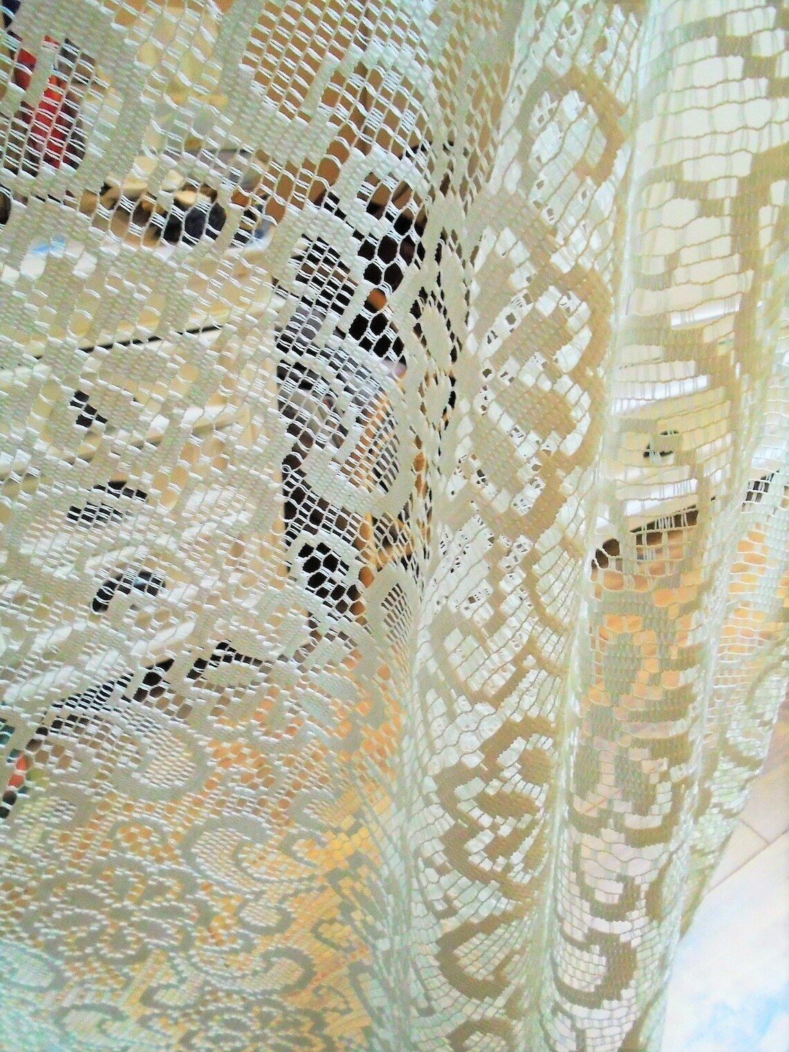 Vintage French Single White Polyester Lace Curtain, Length 2.0 M, Width 1.44 M (One Large Hem Of 13 Cm) photo vintage