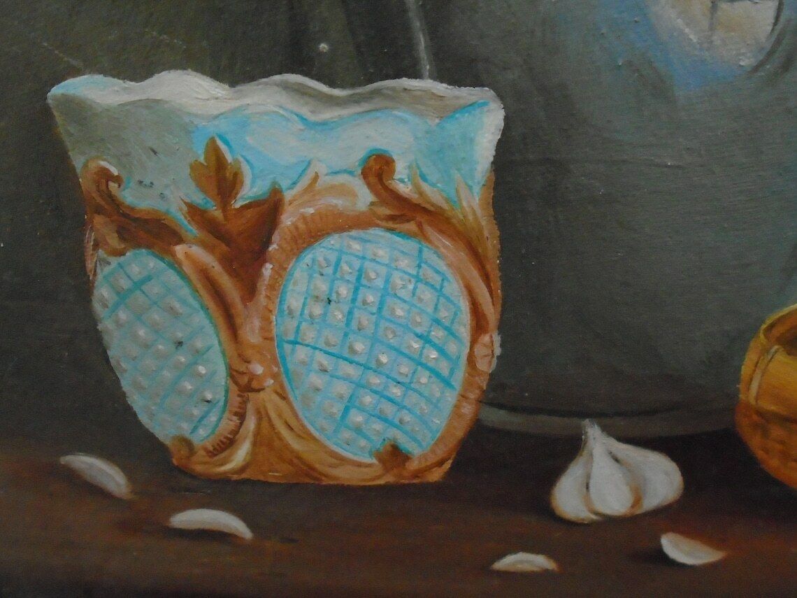 Vintage Original Framed French Still Life Oil Painting Of Pewter Pitcher, Wicker Basket With Garlic And Onions, With Pestle And Mortar, photo Art
