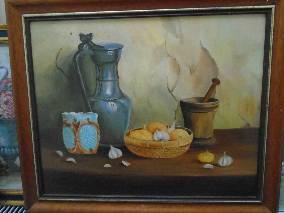 Vintage Original Framed French Still Life Oil Painting Of Pewter Pitcher, Wicker Basket With Garlic And Onions, With Pestle And Mortar, photo 251.0