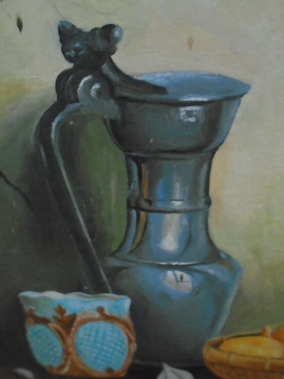 Vintage Original Framed French Still Life Oil Painting Of Pewter Pitcher, Wicker Basket With Garlic And Onions, With Pestle And Mortar, photo vinterior