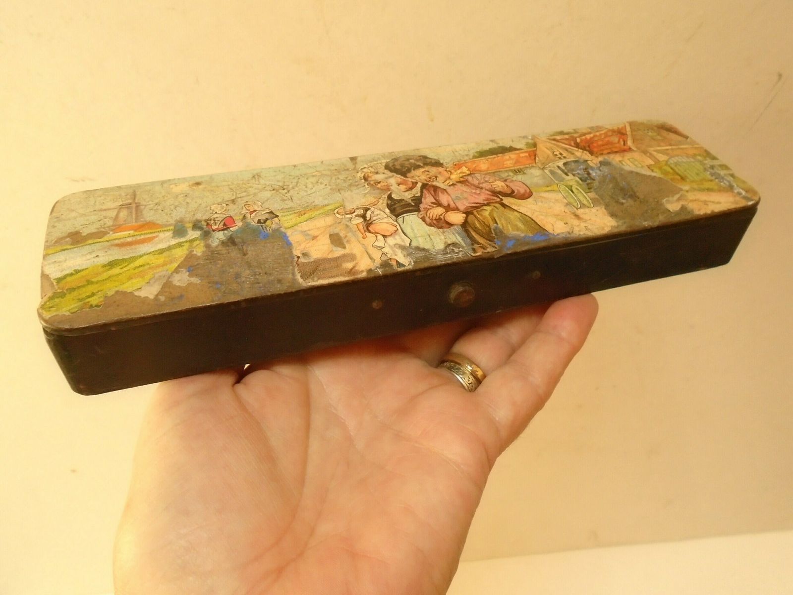 Lovely Antique French Wood Pencil Case, Push Button Pen Box, French Plumier, Push Button Opener, 1900s photo 86.0