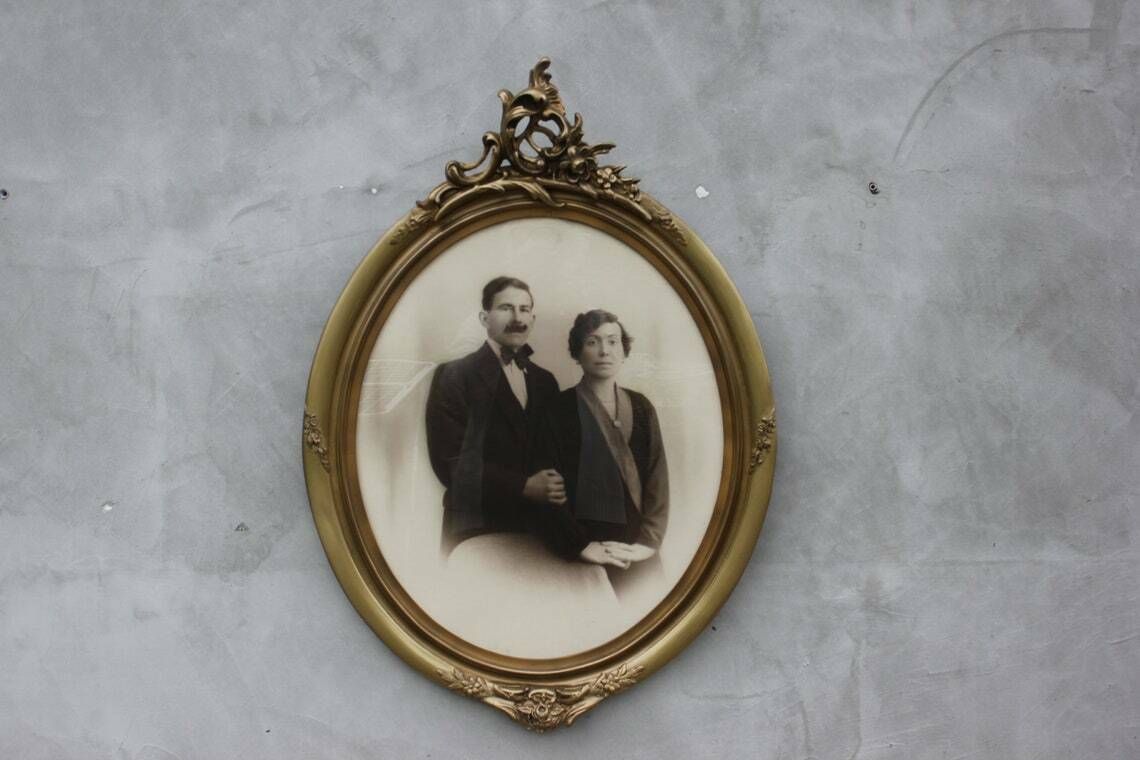 Antique Wood And Gilded Plaster Frame 1900's Large Family Portrait Framed Black And White Photo For Wall Hanging photo furniture