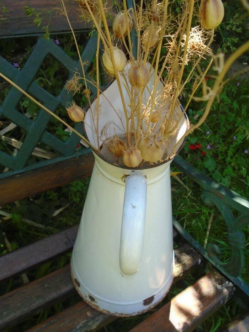 Antique French White Enamel Pitcher Shabby Chic Home Decor, French Country Style photo 84.0