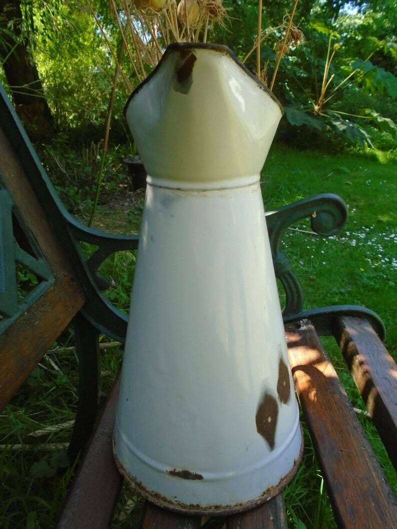 Antique French White Enamel Pitcher Shabby Chic Home Decor, French Country Style photo vinterior