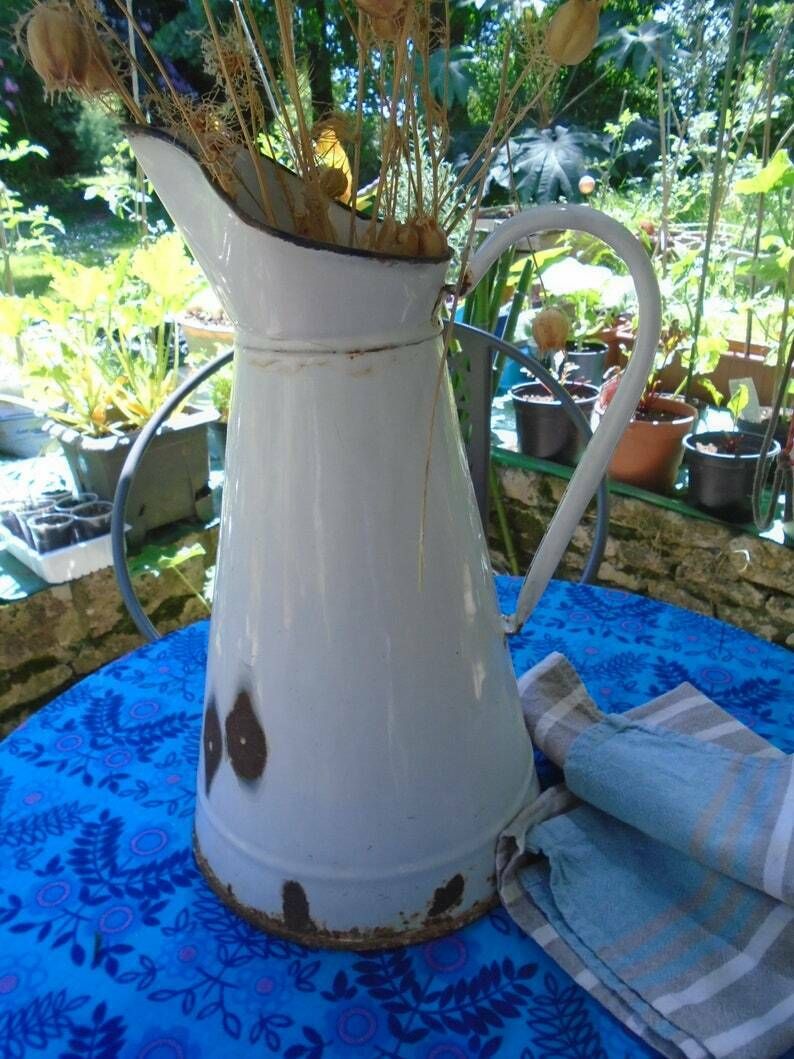 photo furniture Antique French White Enamel Pitcher Shabby Chic Home Decor, French Country Style