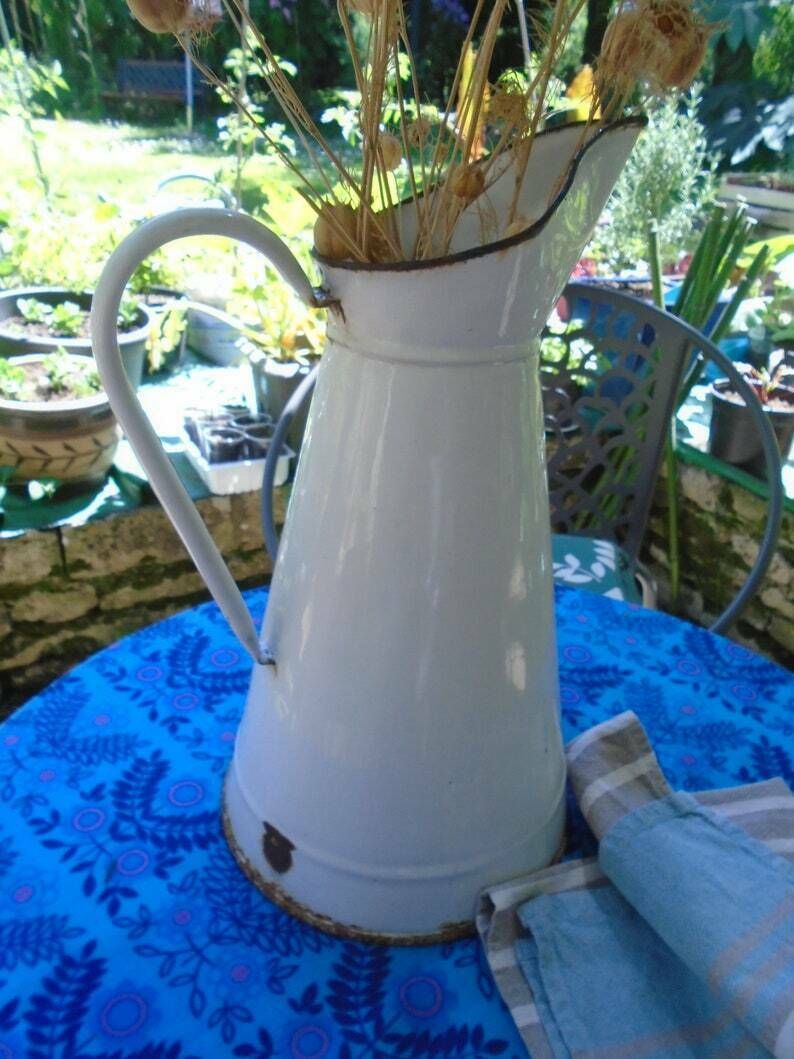 photo for sale Antique French White Enamel Pitcher Shabby Chic Home Decor, French Country Style