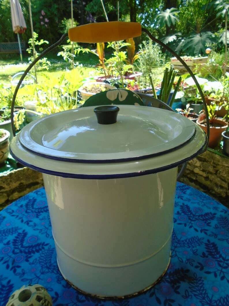 photo for sale Vintage French Extra Large White Enamel Bucket  Churn With Lid 1950s Bathroom Nappy  Clothes Washing Bucket Large Milk Churn