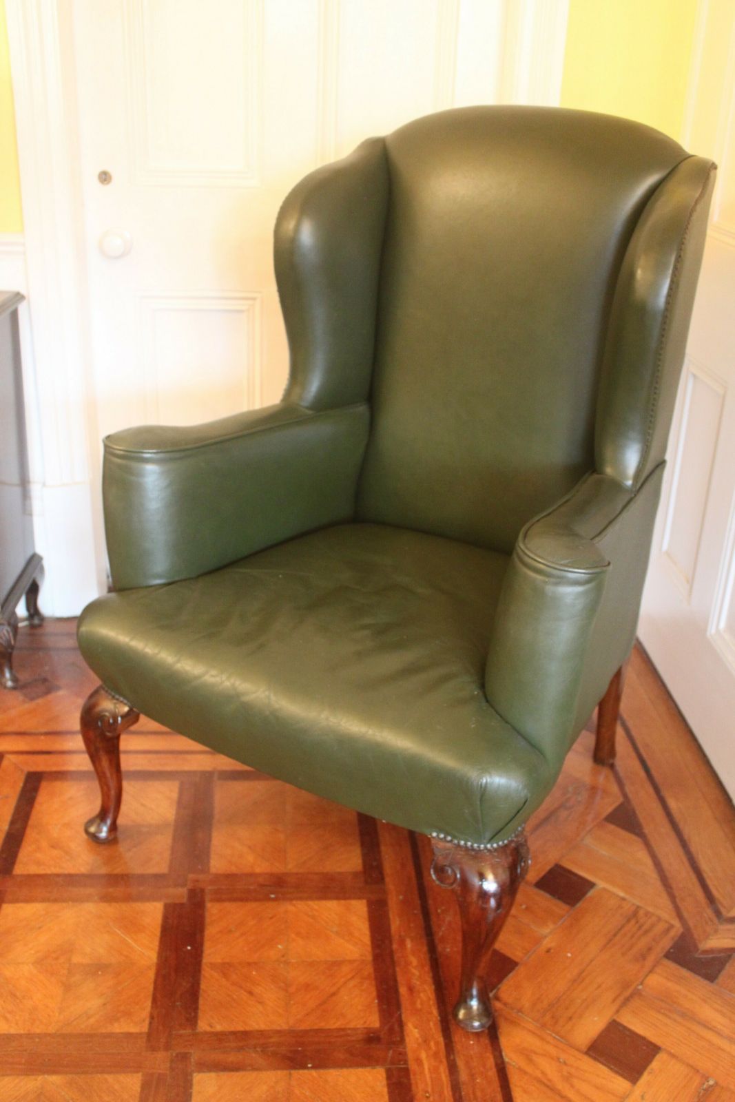 Late 19th/Early 20th Century Queen Anne Style Wing Chair In Green Hide photo buy