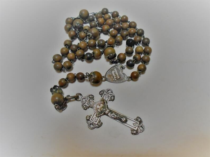 Beautiful French Antique 5 Decade Rosary Wood Beads And Silver Crucifix And Medal