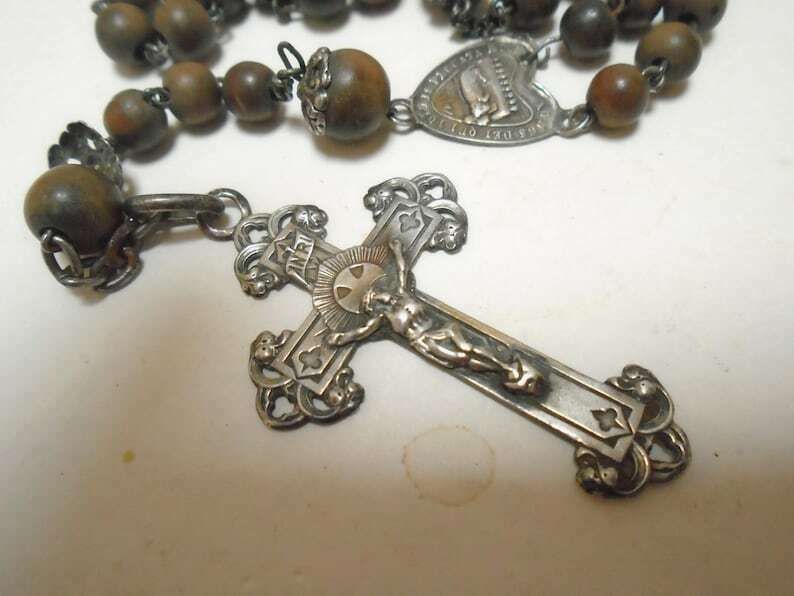 Beautiful French Antique 5 Decade Rosary Wood Beads And Silver Crucifix And Medal photo vintage