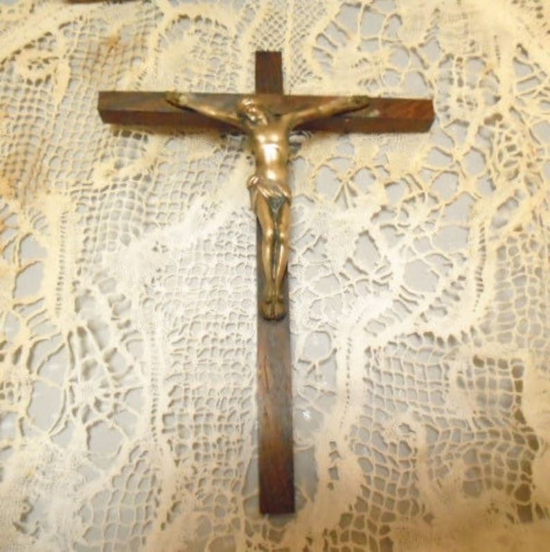 photo for sale Vintage French Wall Crucifix Slim Wall Crucifix Wood Cross And Brass Corpus Of Christ Religious Wall Hanging