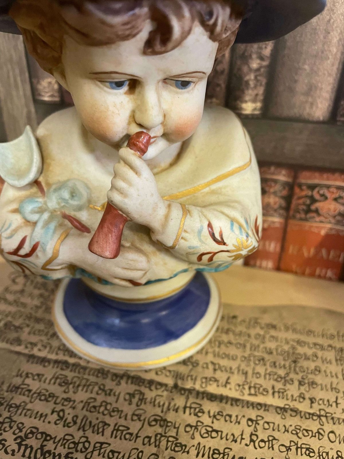 Pair Of Nymphenburg Porcelain Style Bisque Boy With Horn Girl With Lamb In Blue Hats Figures Antique photo Home Decor