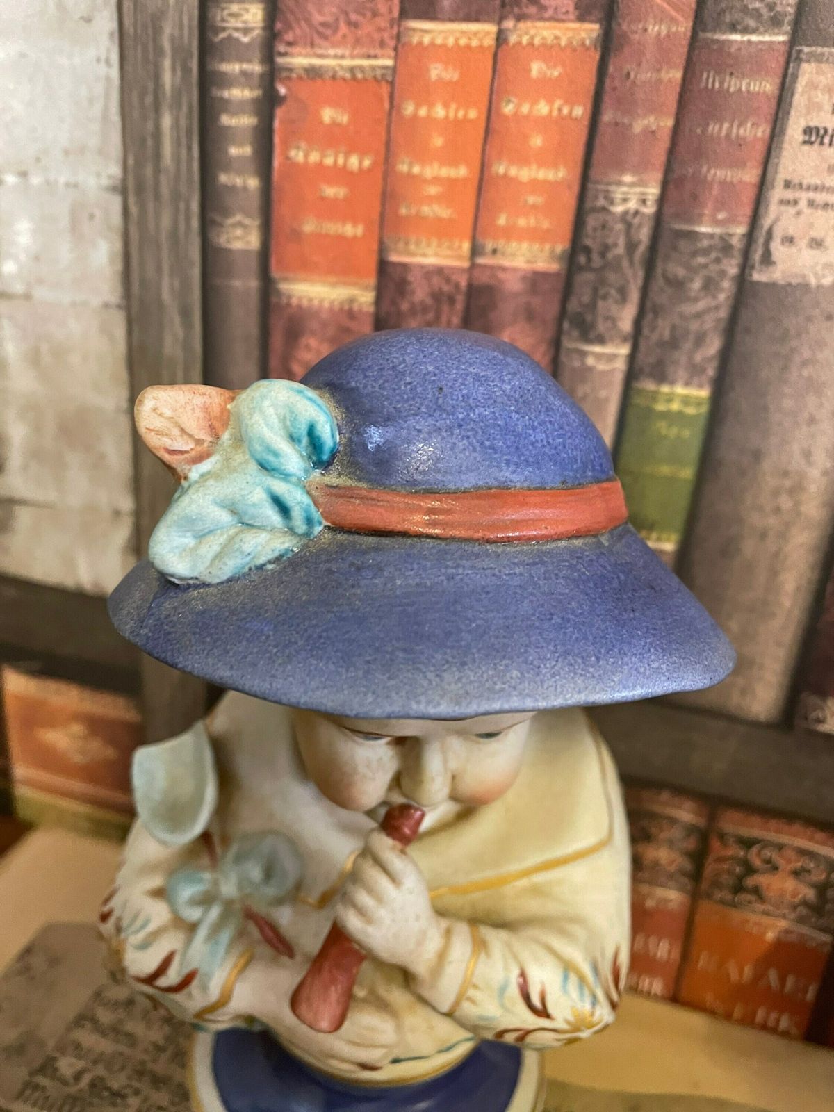 Pair Of Nymphenburg Porcelain Style Bisque Boy With Horn Girl With Lamb In Blue Hats Figures Antique photo buy
