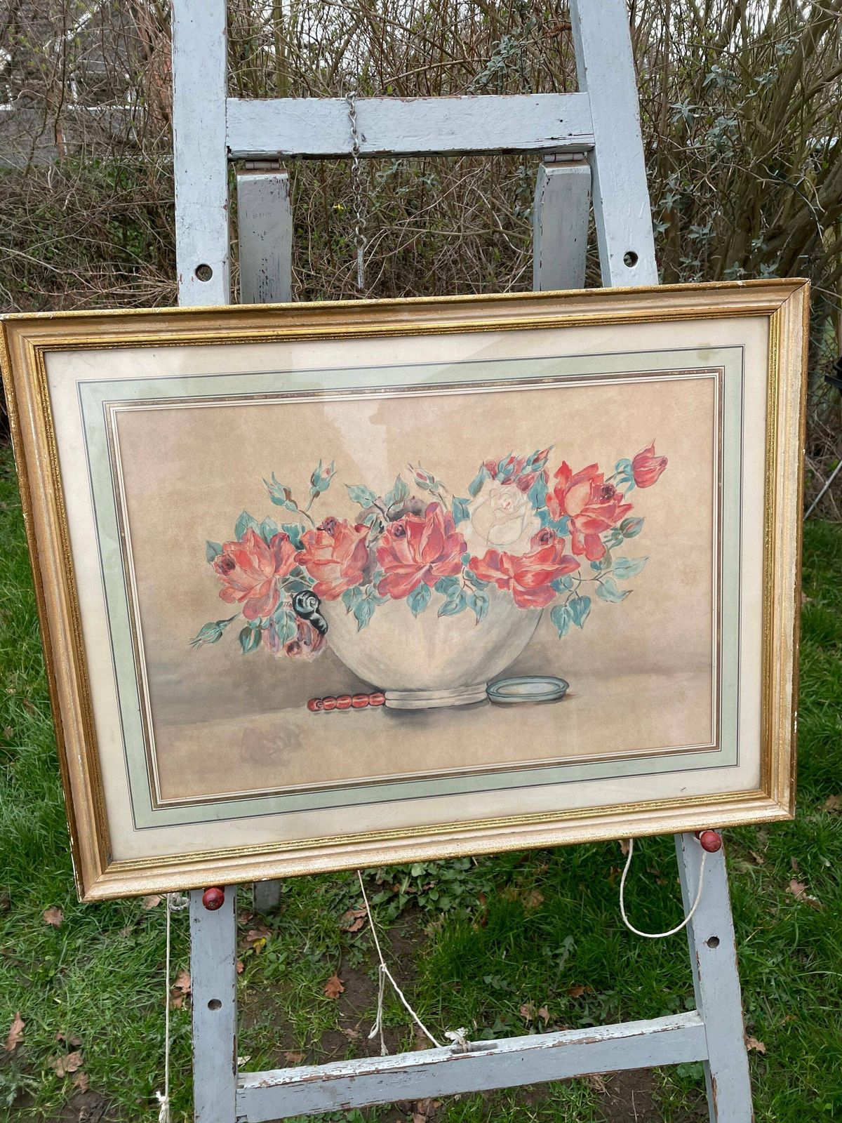 Large Watercolour Floral Shabby Chic Vintage Rustic Painting In Gold Distressed Frame With Green Watercolour Mount
