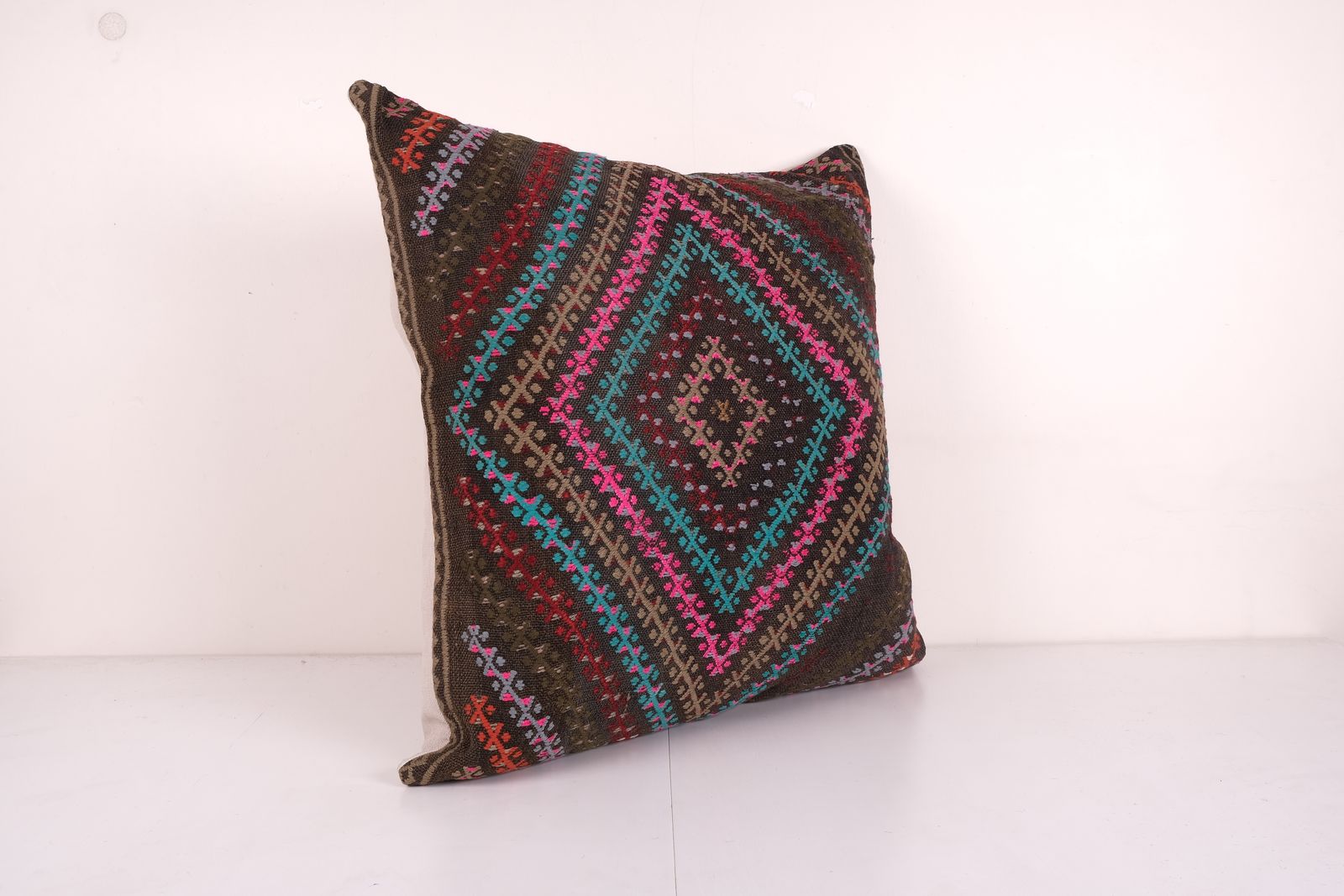 Geometric Turkish Kilim Pillow Cover, Anatolian Kilim Square Pillow Cover, Unique Patterned Throw Pillow 28'' X 28'' photo Textiles