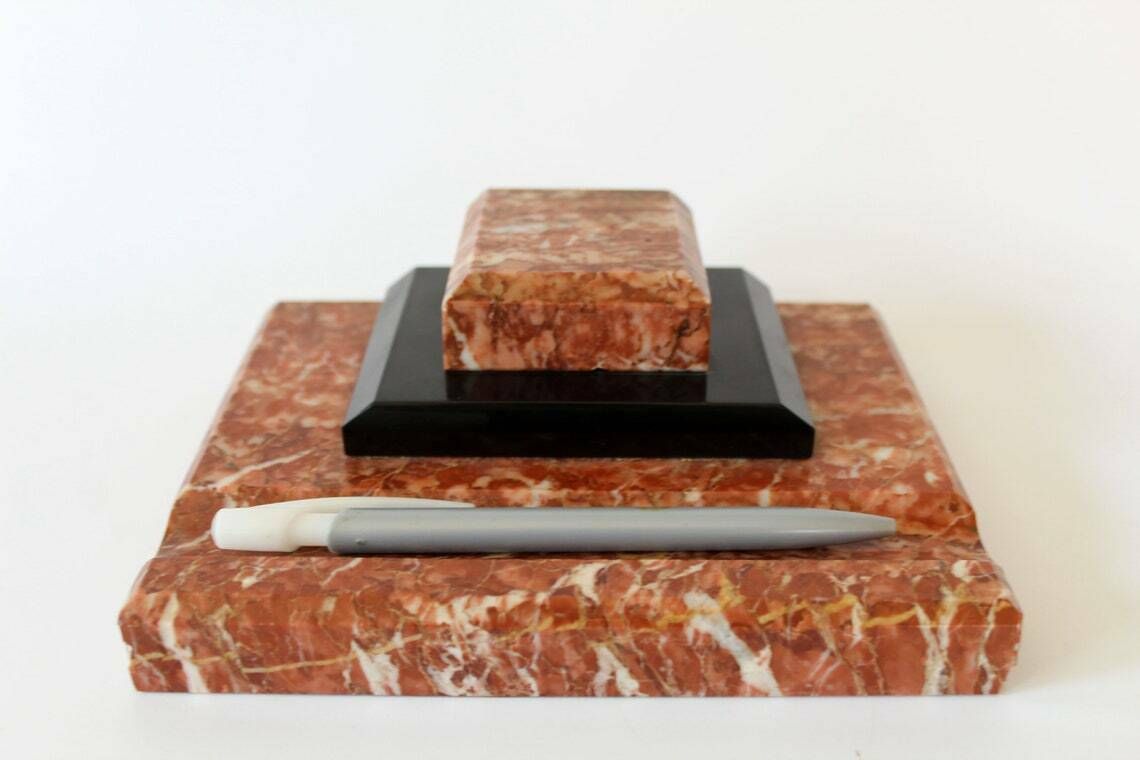 Large Art Deco Marble Ink Stand With Liner Red Marble And Black Marble Desk Organiser Pen Pencil Holder photo Home Decor