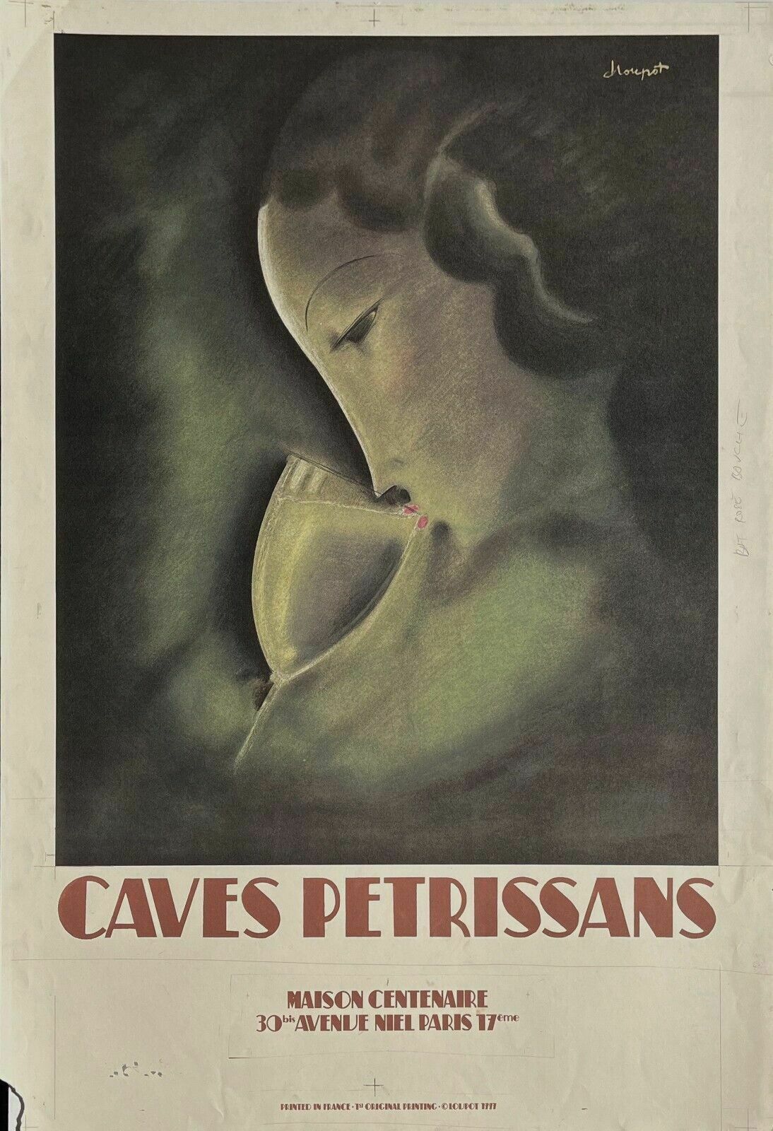 Charles Loupot Lithograph Caves Pétrissian 1997 Wine Wine Woman
