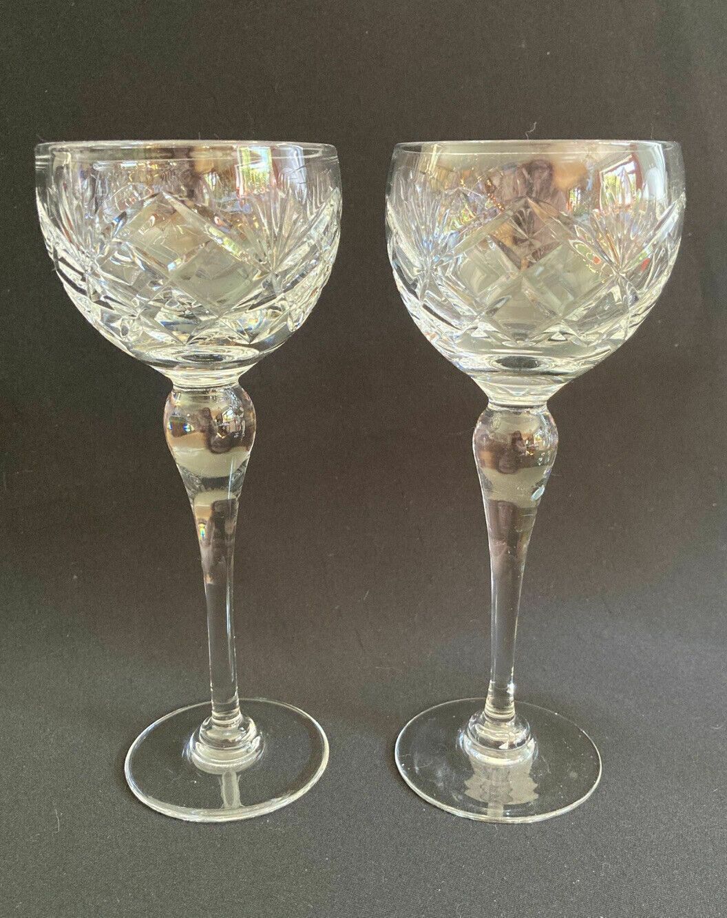 Vintage 1970s Set Of 6 Tall Handblown Cut Glass Hock Wine Glasses photo furniture
