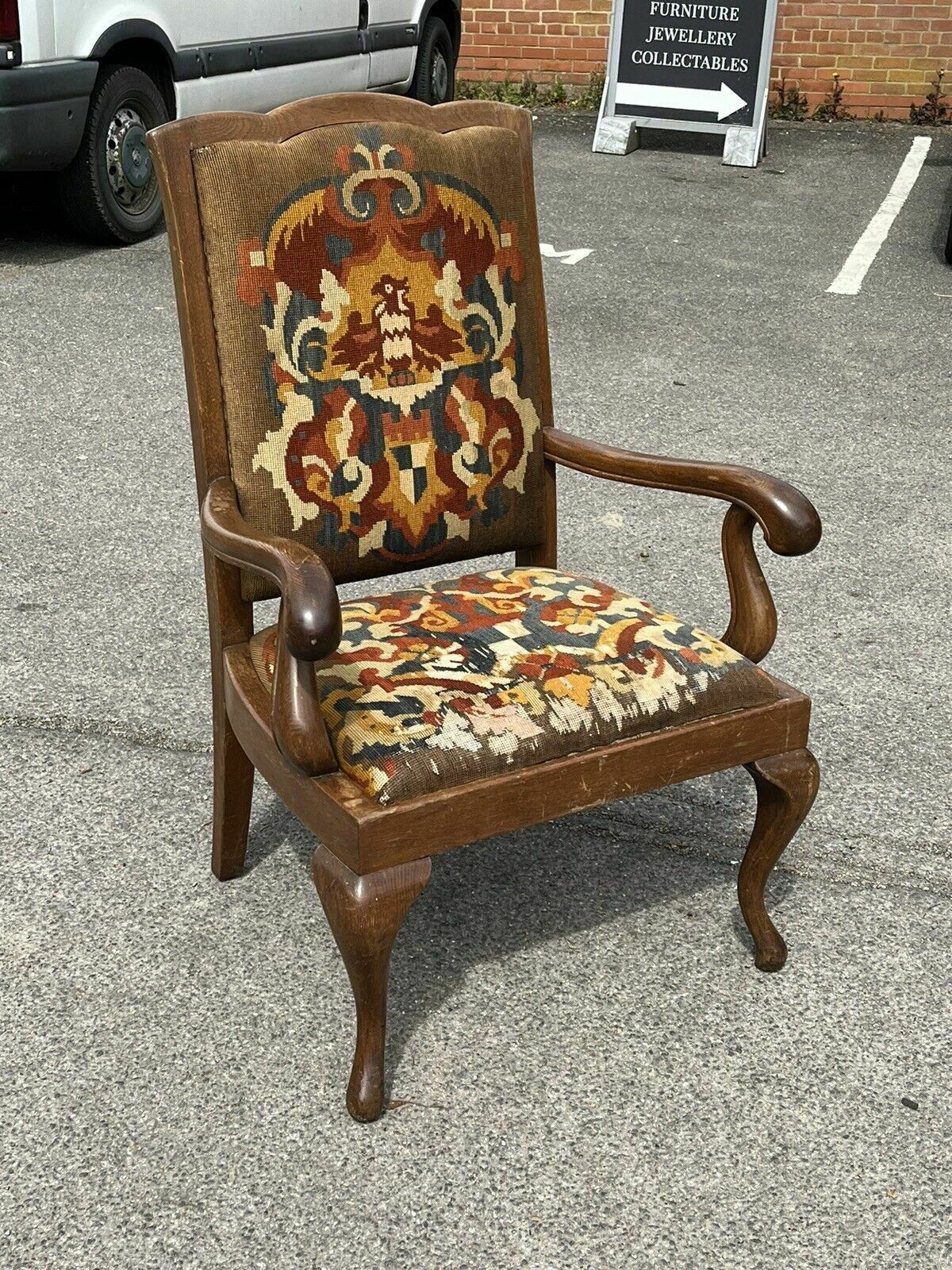 Victorian Oak Gentlemans Library Armchair With Coat Of Arms Tapestry. photo buy
