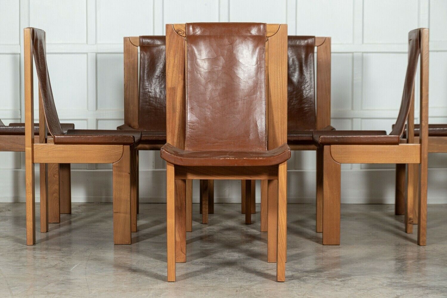 Set 8 French Roland Haeusler Elm And Leather Brutalist Chairs photo 5693.0