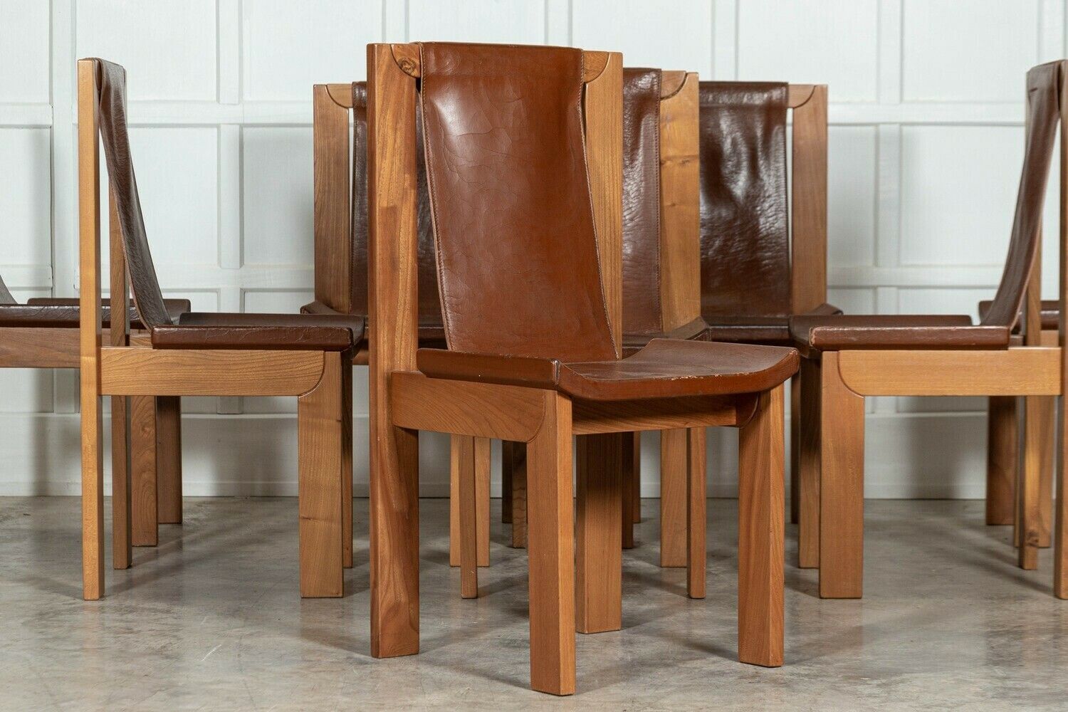 Set 8 French Roland Haeusler Elm And Leather Brutalist Chairs photo buy