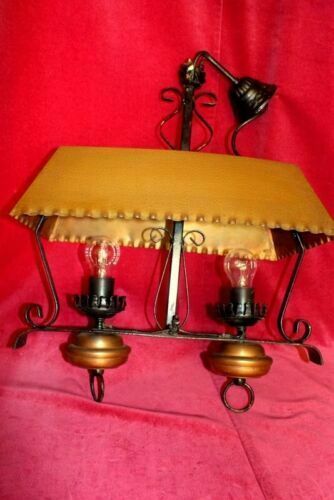 Antique French Copper And Cast Iron Lamp 2 Lights Rustic Gothic Chandelier