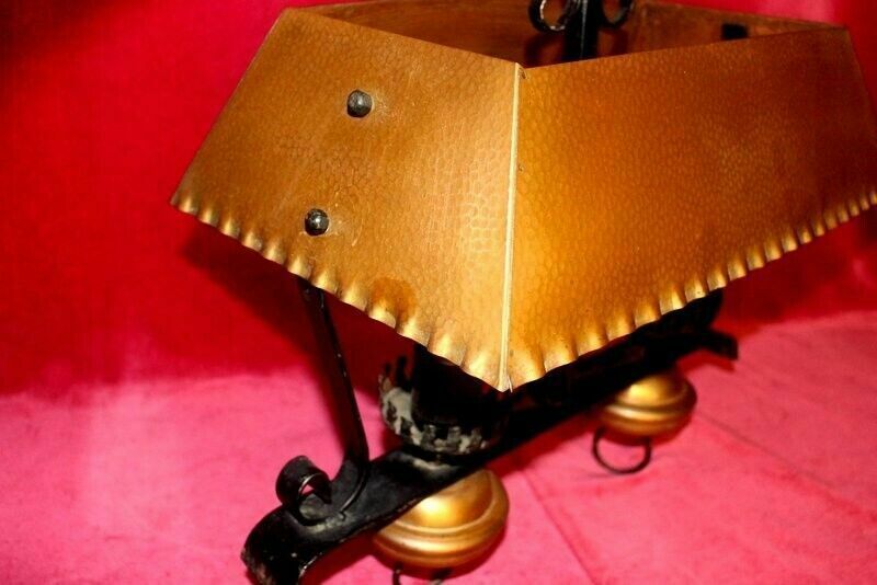 Antique French Copper And Cast Iron Lamp 2 Lights Rustic Gothic Chandelier photo furniture