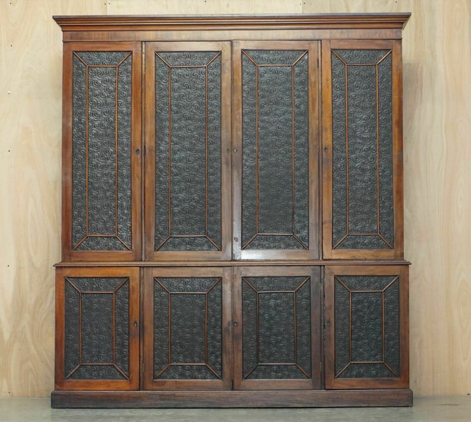 Stunning Antique Victorian Mahogany & Embossed Leather Library Bookcase Cupboard photo furniture